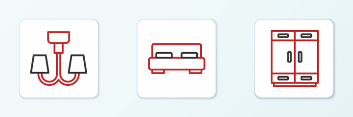 Set line Wardrobe, Chandelier and Big bed icon. Vector