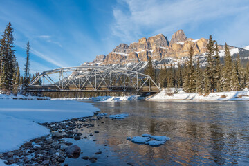 Afternoon sun on Castle Mountain and Bow River in Banff National Park, Alberta, Canada