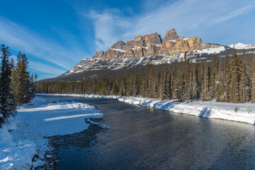 Afternoon sun on Castle Mountain and Bow River in Banff National Park, Alberta, Canada