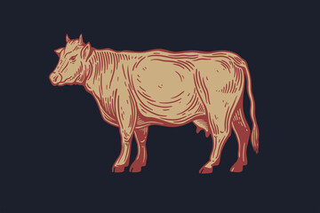 Hand-drawn cow on a dark background. Advertising of dairy and meat products and farms. Can be used for dairy stores, markets and menu design, packaging and labels. Vector illustration.