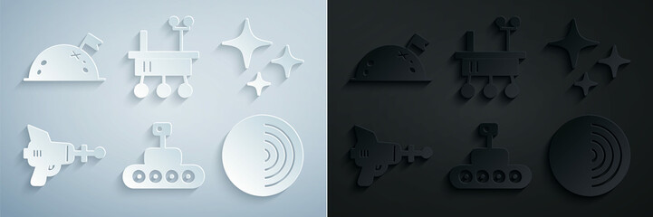 Set Mars rover, Falling star, Ray gun, Earth structure, and Planet with flag icon. Vector