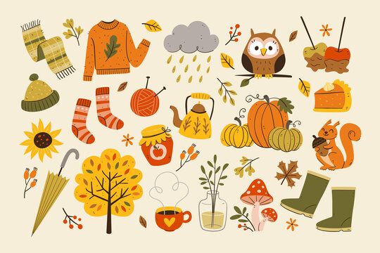 Cute autumn objects isolated. Collection of seasonal things like clothing, pumpkins, food, and fall animals, perfect for creating autumn decorative designs.
