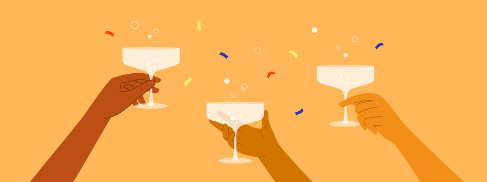 Diversity human hands clink champagne or wine glasses. Cheers vector illustration. People hold cocktail drink. Сelebration, festivity new year, birthday party. Anniversary, corporate event, holiday