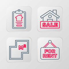 Set line Hanging sign with For Rent, House plan, Sale and contract icon. Vector