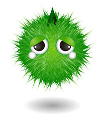 Hairy monster with green fluffy hair. Vector cute furry ball character.