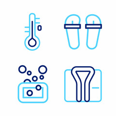 Set line Bathrobe, Bar of soap, Flip flops and Sauna thermometer icon. Vector