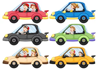 Zelfklevend Fotobehang Autorace Kinderen rijden in vier verschillende auto& 39 s