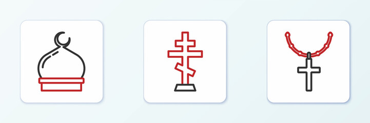 Set line Christian cross on chain, Muslim Mosque and icon. Vector