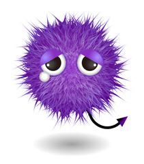 Hairy monster with purple fluffy hair. Vector cute furry ball character.