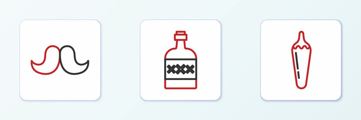 Set line Hot chili pepper pod, Mustache and Tequila bottle icon. Vector