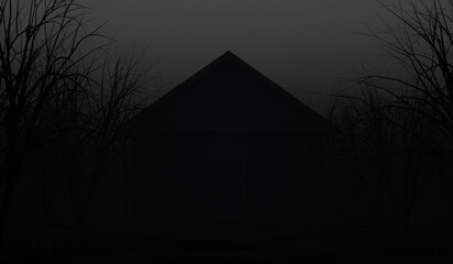 house in horror dark woods or night black forest background. the macabre scene background. 3d render