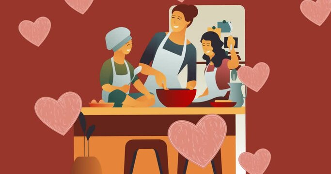 Animation of family cooking icons and hearts on red background