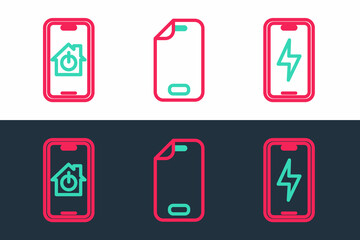 Set line Mobile charging battery, with smart home and Glass screen protector icon. Vector