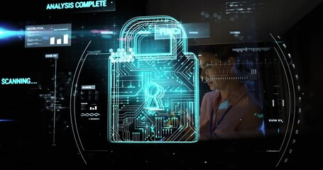 Animation of data processing and padlock over caucasian female worker in server room - Powered by Adobe