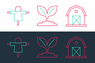 Set line Farm house, Scarecrow and Plant icon. Vector