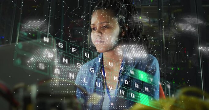 Animation of data processing over african american businesswoman using computer - Powered by Adobe