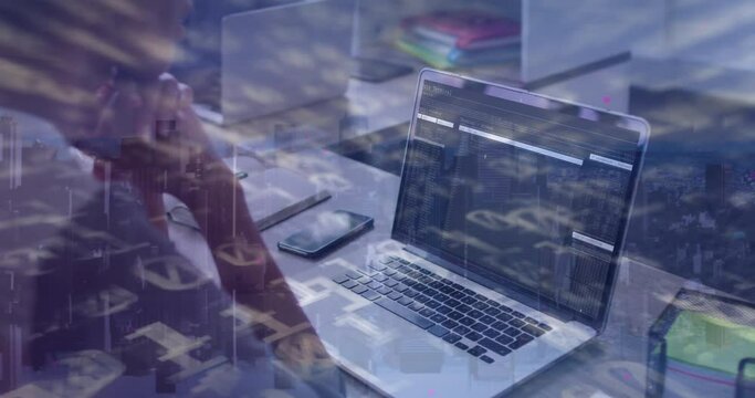 Animation of data processing over african american businesswoman using laptop - Powered by Adobe