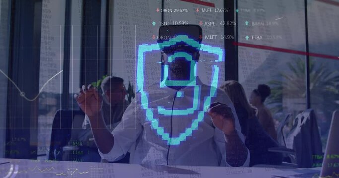 Animation of data processing over african american businessman using vr headset - Powered by Adobe