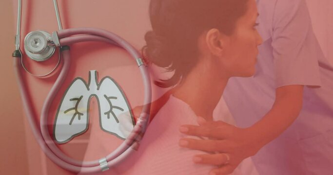 Animation of caucasian woman with doctor over lungs and stethoscope