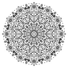 Outline ethnic mandala isolated on a white background. Folk ornament for anti-stress coloring page with flowers and leaves, birds, and hearts