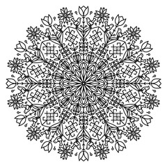 Outline ethnic mandala isolated on a white background. Folk ornament for anti-stress coloring page with flowers and leaves, birds, and hearts