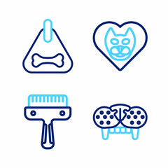 Set line Cat tooth, Hair brush for dog and cat, Heart with and Dog collar icon. Vector
