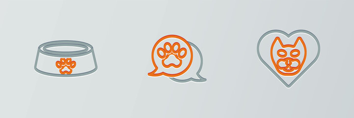 Naklejka premium Set line Heart with cat, Pet food bowl and Paw print icon. Vector