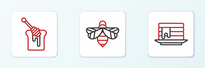 Set line Stack of pancakes, Honey dipper stick with honey and Bee icon. Vector