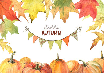 Naklejka na ściany i meble Hello Autumn, Fall watercolor background, Maple leaves with Orange pumpkins, harvest