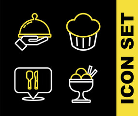 Set line Cupcake, Ice cream in bowl, Cafe and restaurant location and Covered with tray of food icon. Vector