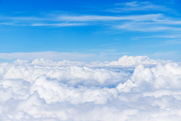 Clouds from above. View from airplane.  blue sky view from plane. sky wallpaper with space for your text . Aerial view of the blue sky. High in the Heavens.   View from Airplane Window