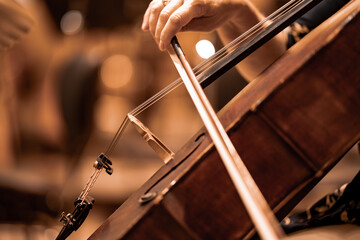 detail of the cello being played during the concert