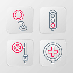 Set line Hospital road traffic, Stop sign with camera, Traffic light and Road icon. Vector