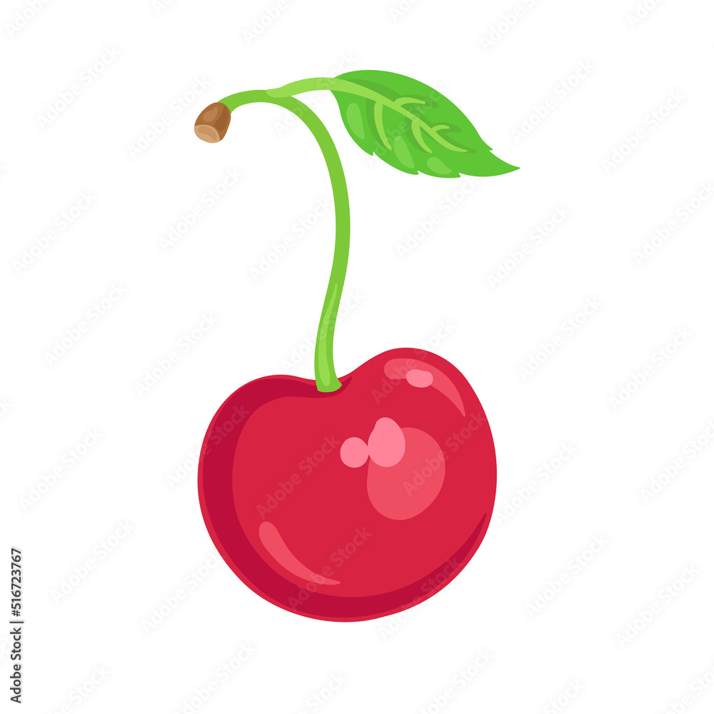 Sticker Fresh cherry. In cartoon style. Isolated on white background. Vector flat illustration.