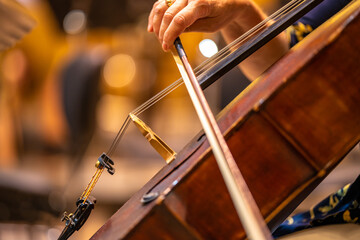 cello on the stage of the Philharmonic during a concert