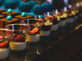 colorful cakes at a hotel buffet