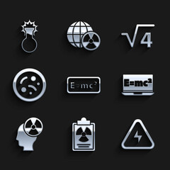 Set Equation solution, Radiation warning document, High voltage, Head and radiation symbol, Bacteria, Square root of 4 glyph and Test tube flask icon. Vector