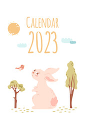 Calendar 2023 cover with cute rabbit, bird, trees in cartoon style and pastel colors. Monthly organizer with mascot bunny on white background. Vector illustration. Desk baby planner.