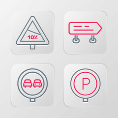 Set line Parking, No overtaking road traffic, Road sign and Steep ascent and descent icon. Vector