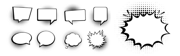 Retro comic speech bubbles with black halftone shadows. Vintage design pop art style and empty vector design.