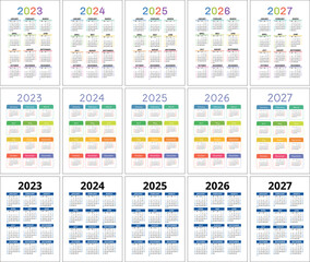 2023, 2024, 2025, 2026 and 2027 calendar set. Color vector calender design. Week starts on Sunday. January, February, March, April, May, June, July, August, September, October, November