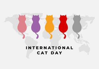 Background for the international cat day on August 8. With five cats and world map. Funny cartoon cat.. Happy animals Print to greeting card, poster on white color.