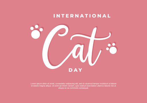 Background For The International Cat Day On August 8. With Cat Footprint Funny Cartoon Cat.. Happy Animals Print To Greeting Card, Poster On Pink Color.