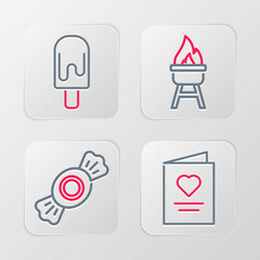 Set line Postcard with heart, Candy, Barbecue grill and Ice cream icon. Vector