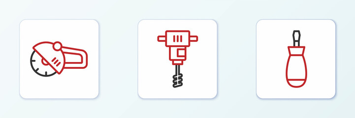 Set line Screwdriver, Angle grinder and Electrical hand concrete mixer icon. Vector