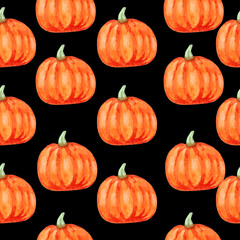 Watercolor autumn pumpkin pattern on black . Vector illustration