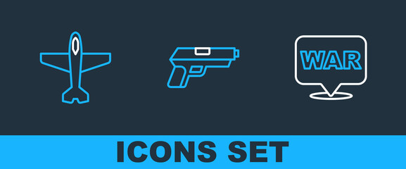 Set line The word war, Plane and Pistol gun icon. Vector