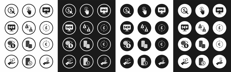 Set IPO, Currency exchange, Coin money with dollar, pound, Hand holding coin, euro symbol and Money icon. Vector