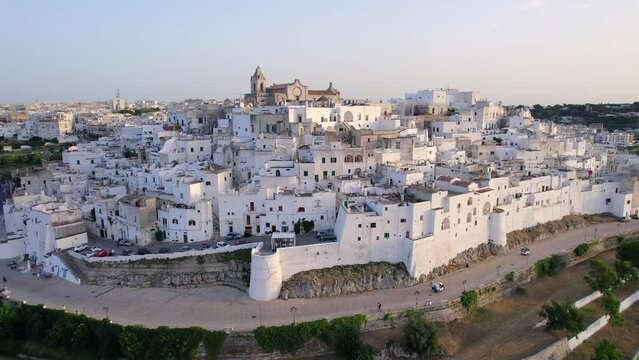 4K Aerial of Ostuni, 'the White Town' in Apulia, South of Italy.