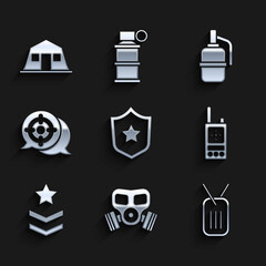 Set Military reward medal, Gas mask, dog tag, Walkie talkie, rank, Target sport, Hand grenade and barracks icon. Vector